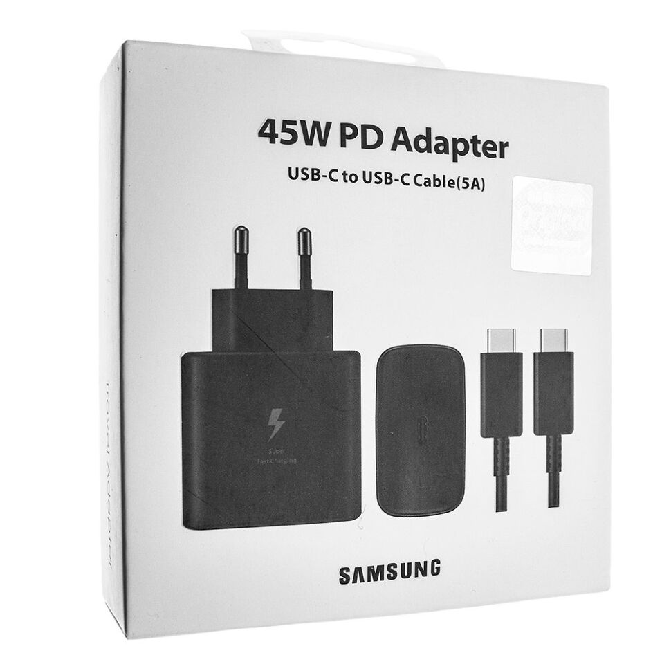 Мережевий зарядний пристрій SAMSUNG NOTE 20 2в1 5A 45W original + кабель TYPE-C - TYPE-C, чорний в упаковці