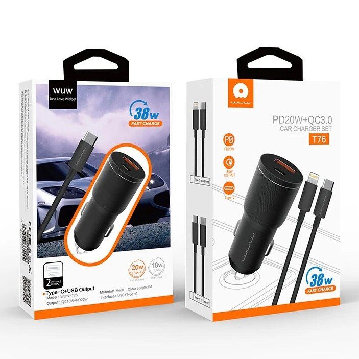 Автомобільний зарядний пристрій WUW T76 1 USB + 1 TYPE-C 38W + кабель TYPE-C - TYPE-C Автомобільний зарядний пристрій WUW T76 1 USB + 1 TYPE-C 38W + кабель TYPE-C - TYPE-C