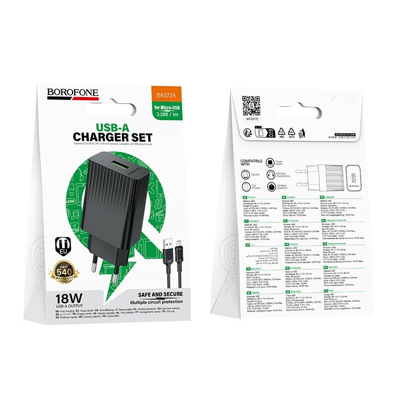 Мережевий зарядний пристрій BOROFONE BAS72A USB QC3.0 + кабель USB - MICRO, чорний Мережевий зарядний пристрій BOROFONE BAS72A USB QC3.0 + кабель USB - MICRO, чорний