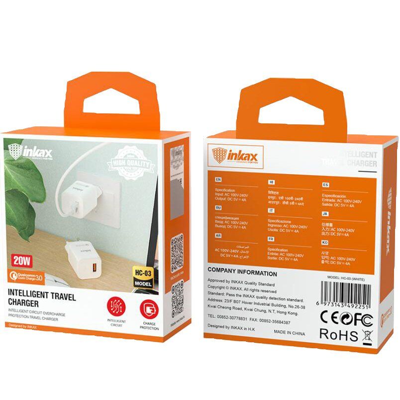 Мережевий зарядний пристрій INKAX HC-03 QC 3.0 20W 3A Мережевий зарядний пристрій INKAX HC-03 QC 3.0 20W 3A