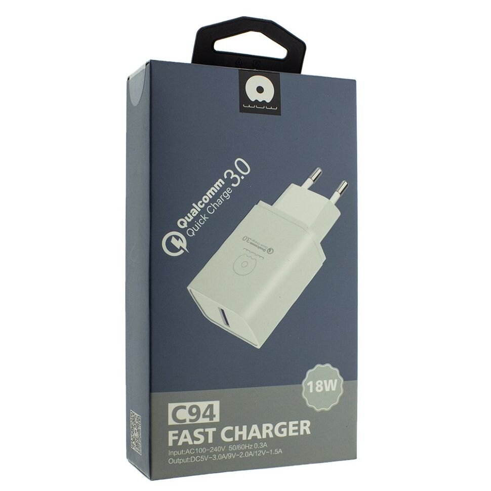 Зарядний пристрій WUW C94 1 USB (18W) Qualcomm 3.0 FAST CHARGER БІЛИЙ Зарядний пристрій WUW C94 1 USB (18W) Qualcomm 3.0 FAST CHARGER БІЛИЙ
