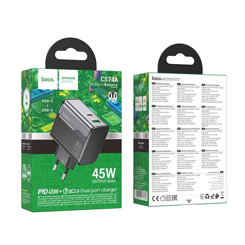 Мережевий зарядний пристрій HOCO CS74A TYPE-C PD 45W + USB QC 3.0, чорний Мережевий зарядний пристрій HOCO CS74A TYPE-C PD 45W + USB QC 3.0, чорний