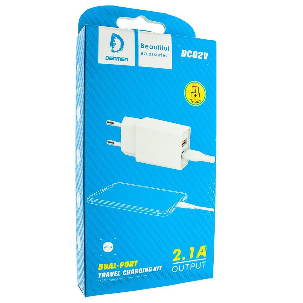 Мережевий зарядний пристрій DENMEN DC02V + CABLE Micro-USB 2.1A 2USB БІЛИЙ Мережевий зарядний пристрій DENMEN DC02V + CABLE Micro-USB 2.1A 2USB БІЛИЙ