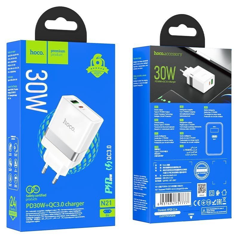 Мережевий зарядний пристрій HOCO N21 Topspeed PD 30W TYPE-C + USB QC3.0, бiлий