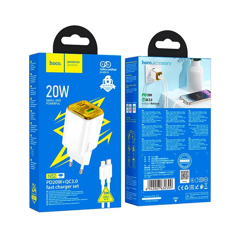 СЗУ HOCO N52 PD20W+ QC3.0 (1USB/1Type-C) + Type-C - Lightning (12pc) (белый)