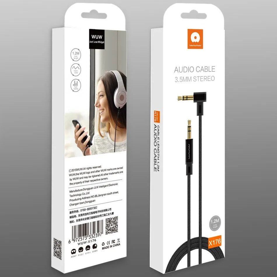 Кабель AUX WUW X176 jack 3.5 мм - jack 3.5 мм 1.2 МЕТРА ТКАНИНА КУТОВИЙ ЧОРНИЙ Кабель AUX WUW X176 jack 3.5 мм - jack 3.5 мм 1.2 МЕТРА ТКАНИНА КУТОВИЙ ЧОРНИЙ