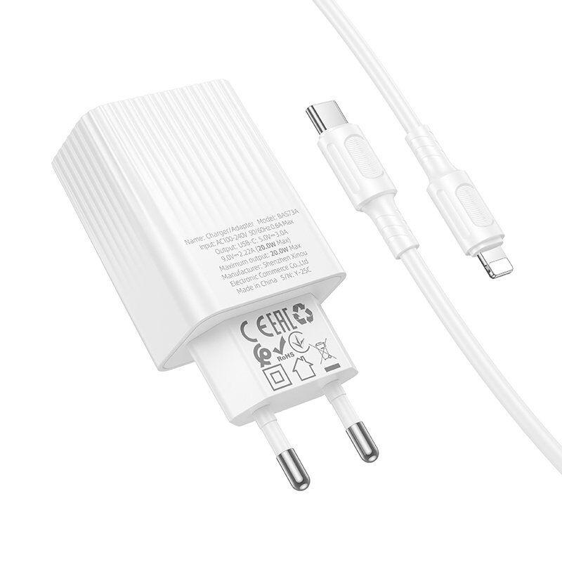 Мережевий зарядний пристрій BOROFONE BAS73A PD 20W USB-C + кабель TYPE-C - LIGHTNING, білий Мережевий зарядний пристрій BOROFONE BAS73A PD 20W USB-C + кабель TYPE-C - LIGHTNING, білий