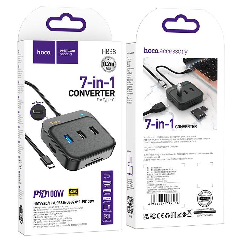 Конвертор HOCO HB38 7в1 TYPE-C (HDMI 4K + USB 3.0 + 2*USB 2.0 + SD / MicroSD + Type-C PD 100W), 20 см