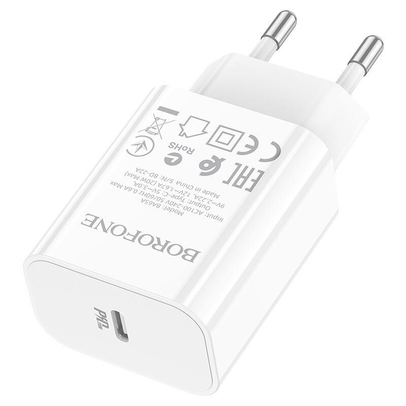 Мережевий зарядний пристрій BOROFONE BA65A Single port PD20W USB-C, білий Мережевий зарядний пристрій BOROFONE BA65A Single port PD20W USB-C, білий