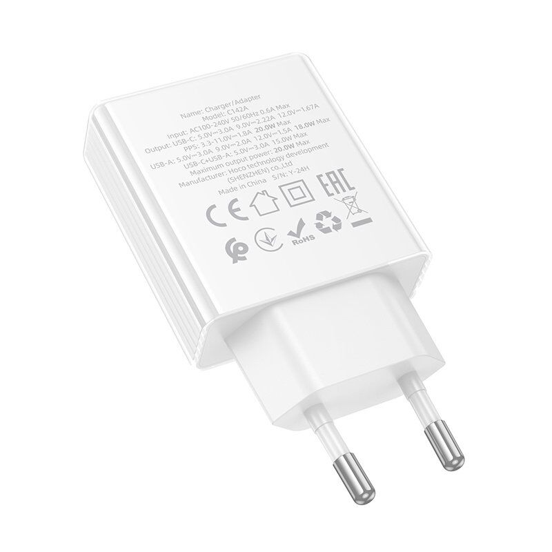 Мережевий зарядний пристрій HOCO C142A TYPE-C PD 20W + USB QC3.0, БІЛИЙ Мережевий зарядний пристрій HOCO C142A TYPE-C PD 20W + USB QC3.0, БІЛИЙ