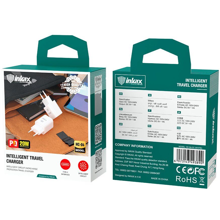 Мережевий зарядний пристрій INKAX HC-04 PD 3.1A 20W + USB кабель Type-C to Type-C Мережевий зарядний пристрій INKAX HC-04 PD 3.1A 20W + USB кабель Type-C to Type-C
