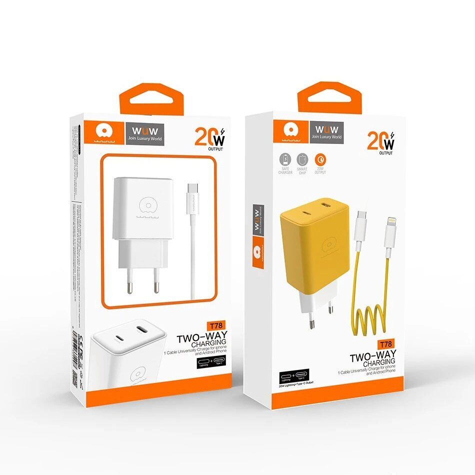 Мережевий зарядний пристрій WUW T78 TYPE-C + USB PD 20W + USB КАБЕЛЬ TYPE-C - LIGHTNING Мережевий зарядний пристрій WUW T78 TYPE-C + USB PD 20W + USB КАБЕЛЬ TYPE-C - LIGHTNING
