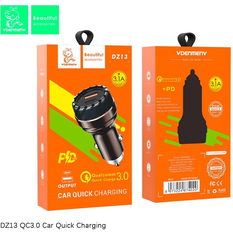 Автомобільний зарядний пристрій DENMEN DZ13 3.1A TYPE-C PD 18W + USB QC3.0