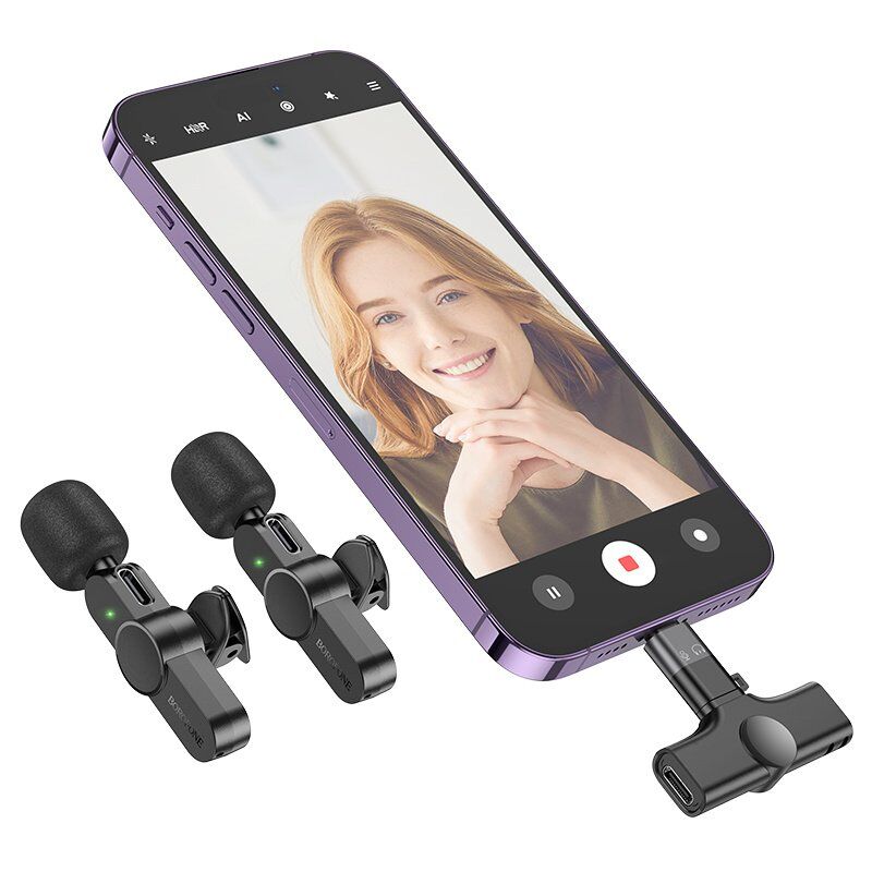 Бездротовий петличний мікрофон Borofone BFK12 2в1 LIGHTNING | TYPE-C, чорний Бездротовий петличний мікрофон Borofone BFK12 2в1 LIGHTNING | TYPE-C, чорний