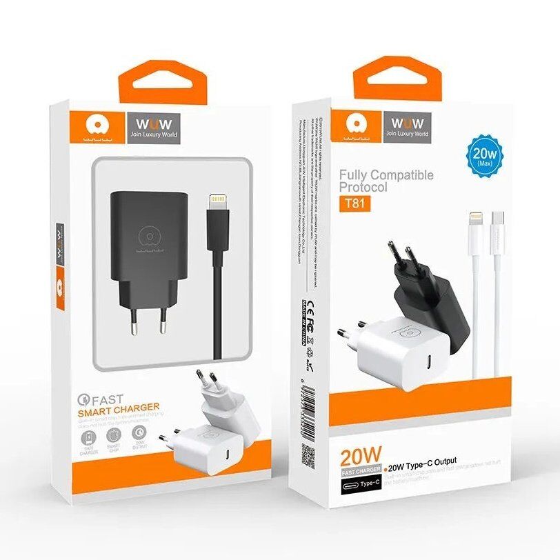 Мережевий зарядний пристрій WUW T81 20W Type-C PD + USB кабель Type-C - Lightning БІЛИЙ