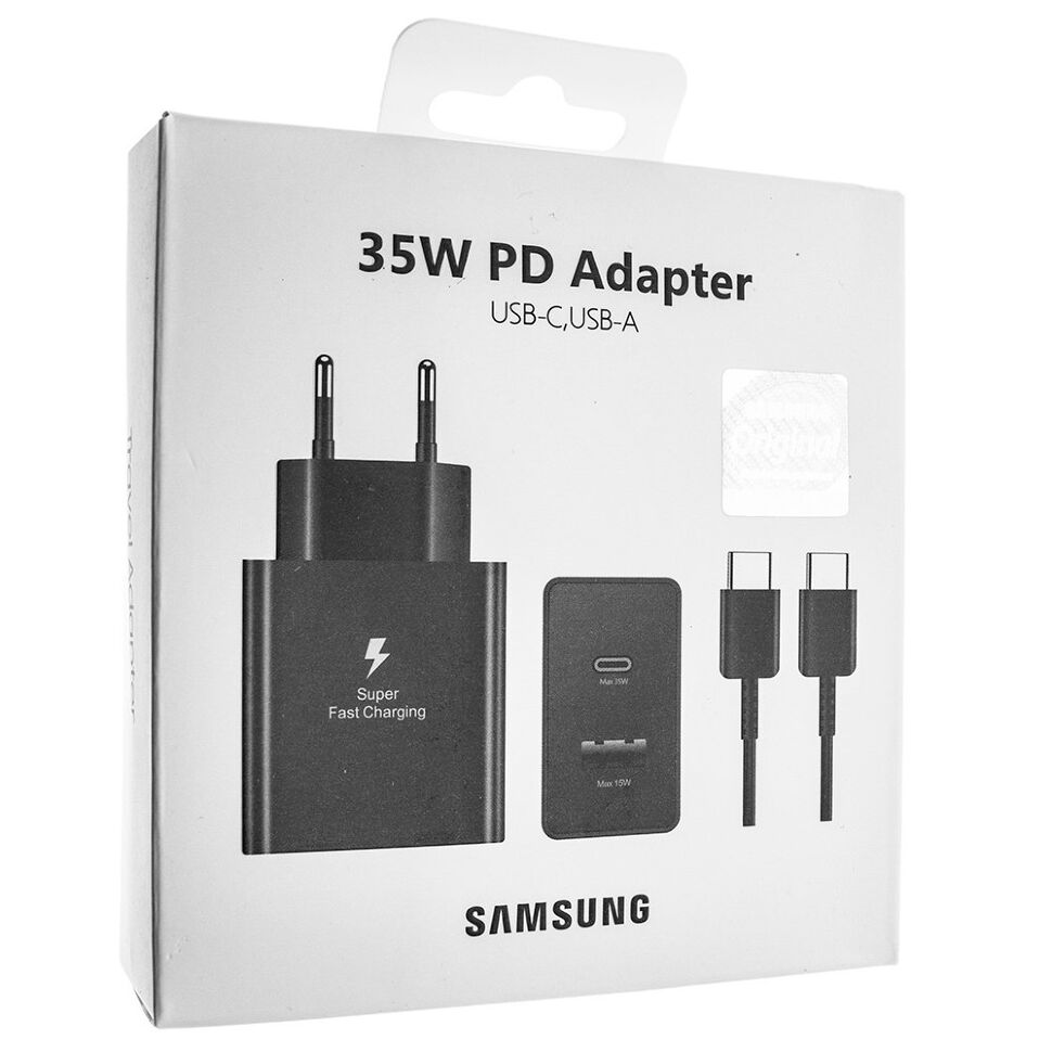 Мережевий зарядний пристрій SAMSUNG S21 2в1 35W original USB та TYPE-C + кабель TYPE-C - TYPE-C, чорний в упаковці