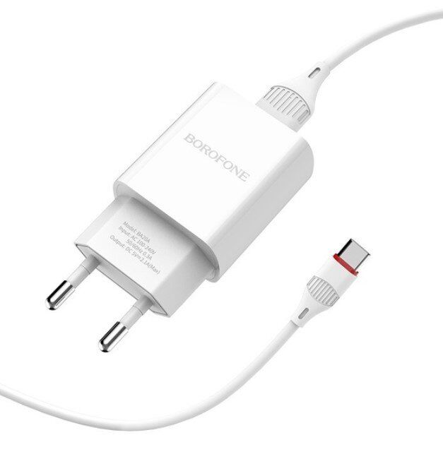 СЗУ Borofone BA20A (1USB/2,1A) + USB - Type-C (белый)