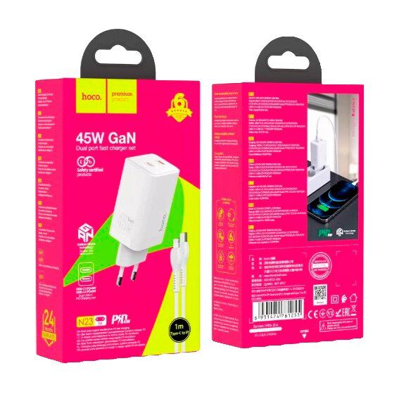 Мережевий зарядний пристрій HOCO N23 PD 45W 2 TYPE-C + КАБЕЛЬ Type-C - Lightning, БІЛИЙ Мережевий зарядний пристрій HOCO N23 PD 45W 2 TYPE-C + КАБЕЛЬ Type-C - Lightning, БІЛИЙ