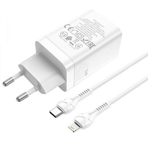 Мережевий зарядний пристрій HOCO N23 PD 45W 2 TYPE-C + КАБЕЛЬ Type-C - Lightning, БІЛИЙ Мережевий зарядний пристрій HOCO N23 PD 45W 2 TYPE-C + КАБЕЛЬ Type-C - Lightning, БІЛИЙ