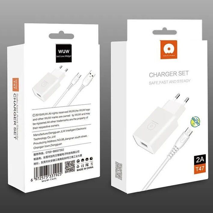 Мережевий зарядний пристрій WUW T47 2.4A + USB Micro БІЛИЙ (70)
