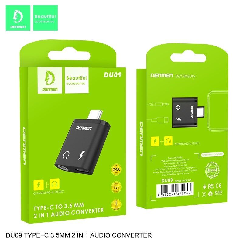 AUX ПЕРЕХІДНИК Denmen DU09 Type-C - jack 3.5 мм + ЗАРЯДКА FOR ANDROID / MAC
