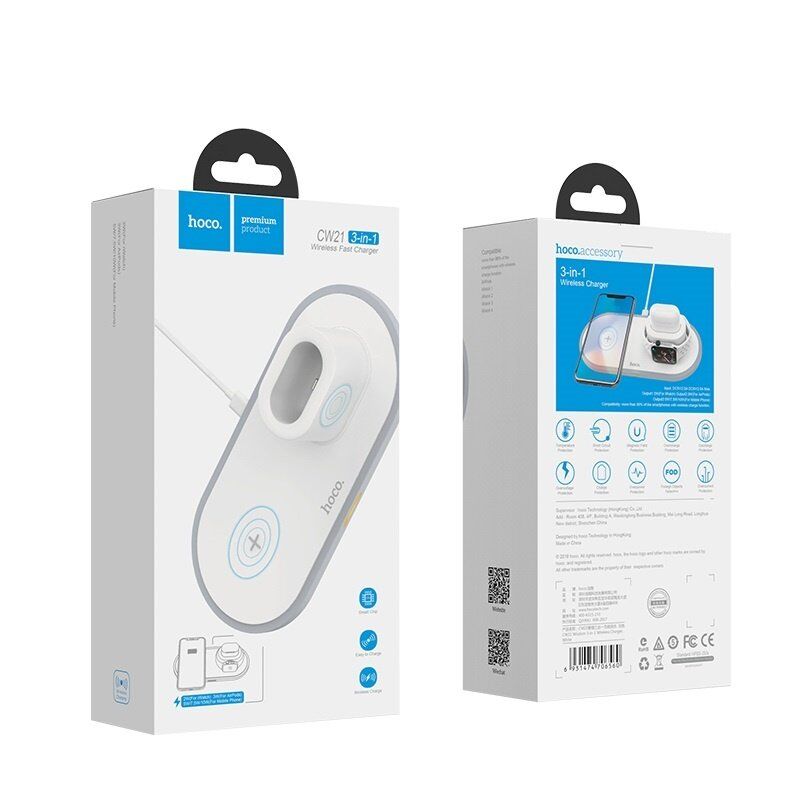Бездротовий зарядний пристрій HOCO CW21 3в1 для смартфона, навушників і годинника, 15W, білий