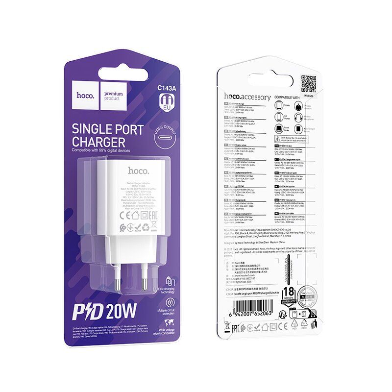 Мережевий зарядний пристрій HOCO C143A TYPE-C PD 20W, білий Мережевий зарядний пристрій HOCO C143A TYPE-C PD 20W, білий