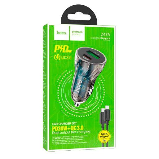 Автомобільний зарядний пристрій HOCO Z47A PD 30W TYPE-C / USB QC 3.0 + КАБЕЛЬ TYPE-C - TYPE-C, чорний Автомобільний зарядний пристрій HOCO Z47A PD 30W TYPE-C / USB QC 3.0 + КАБЕЛЬ TYPE-C - TYPE-C, чорний