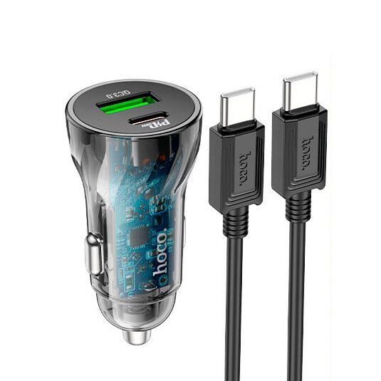 Автомобільний зарядний пристрій HOCO Z47A PD 30W TYPE-C / USB QC 3.0 + КАБЕЛЬ TYPE-C - TYPE-C, чорний Автомобільний зарядний пристрій HOCO Z47A PD 30W TYPE-C / USB QC 3.0 + КАБЕЛЬ TYPE-C - TYPE-C, чорний