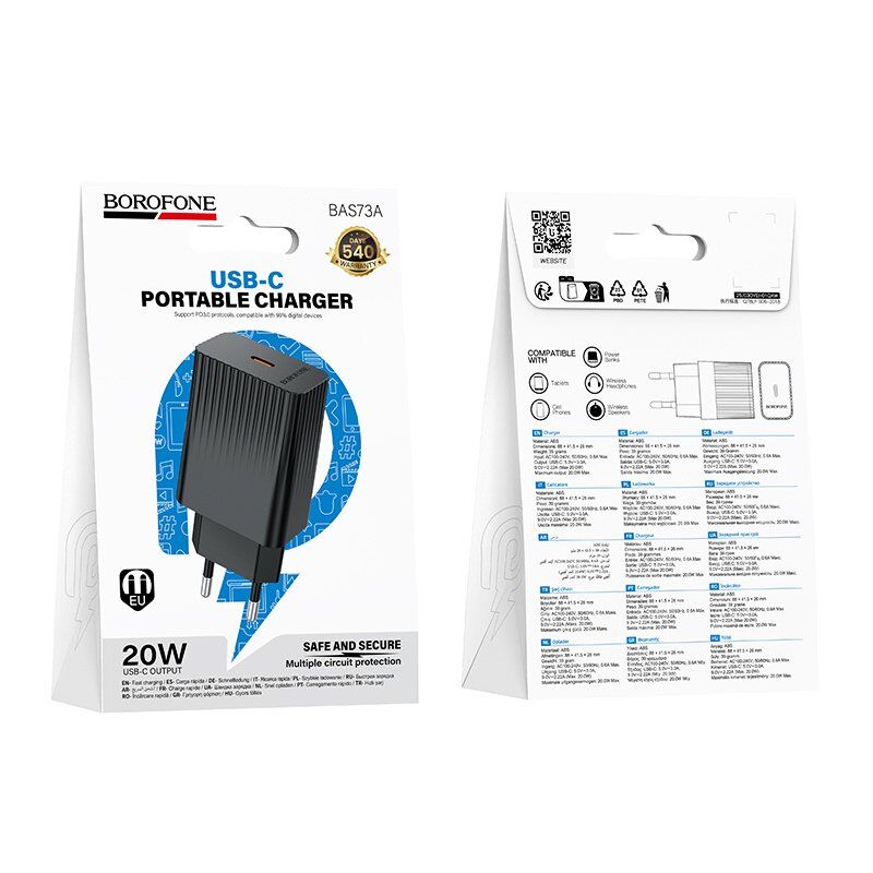 Мережевий зарядний пристрій BOROFONE BAS73A PD 20W USB-C, чорний Мережевий зарядний пристрій BOROFONE BAS73A PD 20W USB-C, чорний