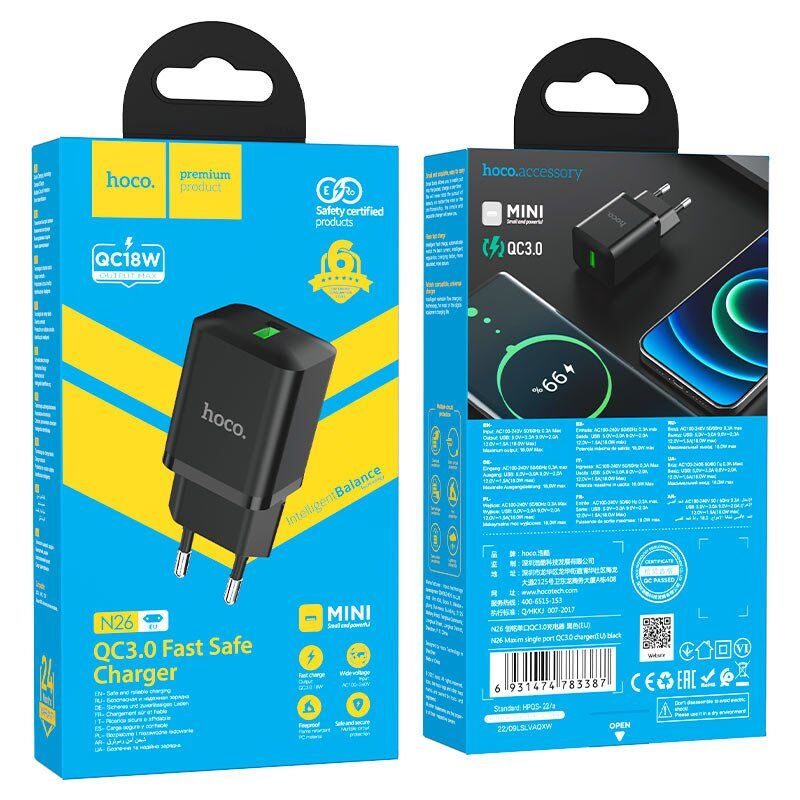 Мережевий зарядний пристрій HOCO N26 QC 3.0 3A USB ЧОРНИЙ Мережевий зарядний пристрій HOCO N26 QC 3.0 3A USB ЧОРНИЙ
