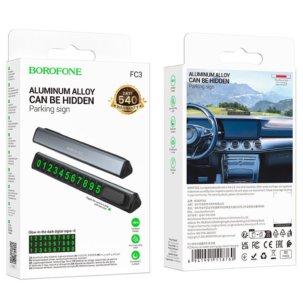 Паркувальна табличка з номером телефону на панель автомобіля BOROFONE FC3, ЧОРНО-СІРИЙ Паркувальна табличка з номером телефону на панель автомобіля BOROFONE FC3, ЧОРНО-СІРИЙ