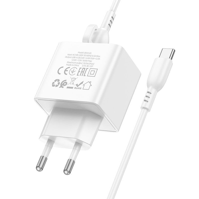 Мережевий зарядний пристрій BOROFONE BAS12A Erudite USB QC3.0 18W + кабель USB - TYPE-C, білий