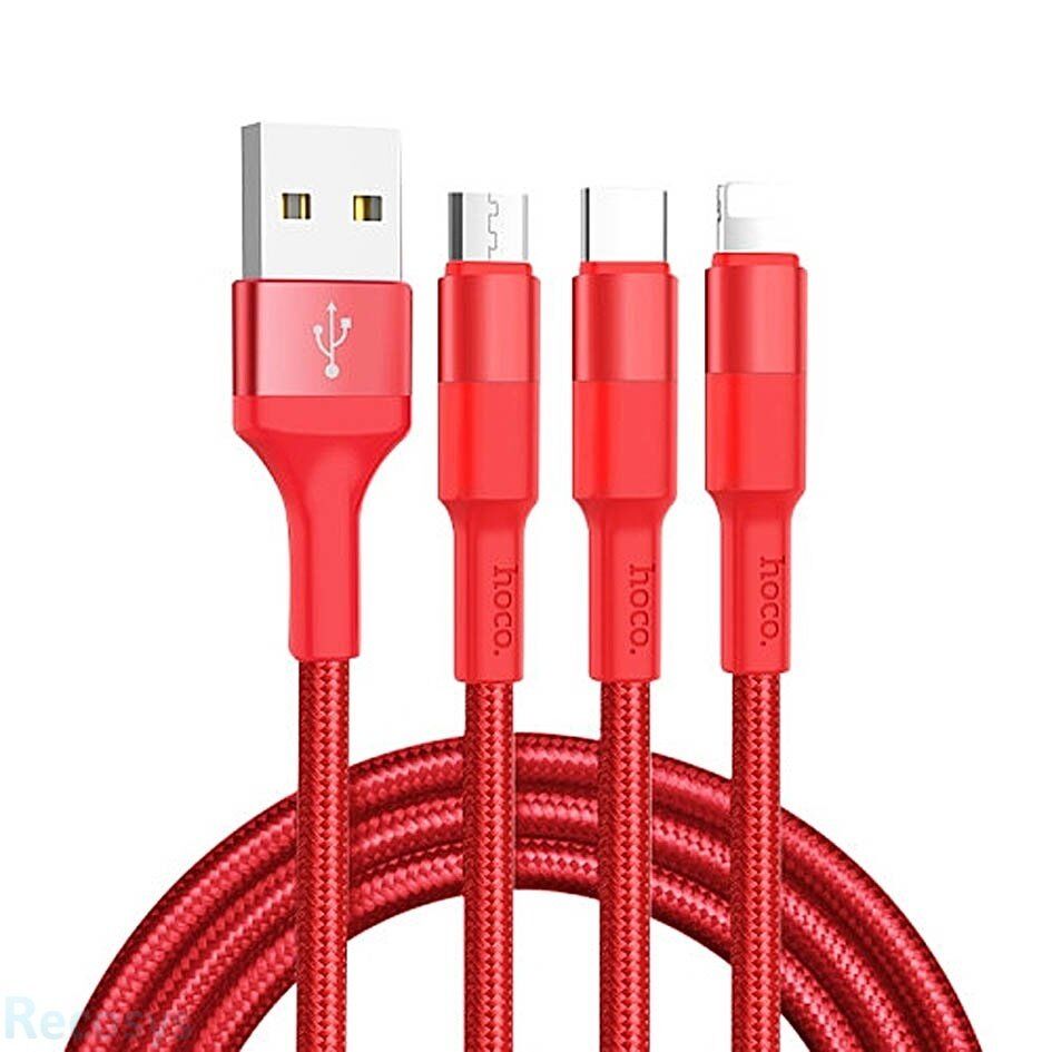 USB Кабель HOCO X26 3in1 USB - Lightning + MicroUSB + Type-C 1М, чорно-червоний USB Кабель HOCO X26 3in1 USB - Lightning + MicroUSB + Type-C 1М, чорно-червоний