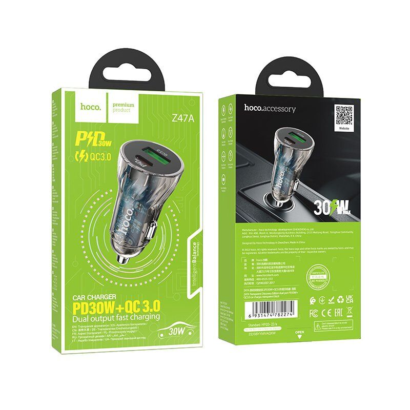 Автомобільний зарядний пристрій HOCO Z47A PD 30W TYPE-C / USB QC 3.0, чорний Автомобільний зарядний пристрій HOCO Z47A PD 30W TYPE-C / USB QC 3.0, чорний