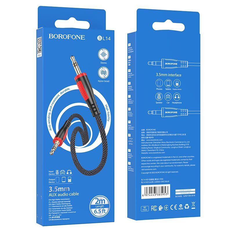 Кабель BOROFONE BL14 AUX jack 3.5 мм - jack 3.5 мм 2МЕТРИ Кабель BOROFONE BL14 AUX jack 3.5 мм - jack 3.5 мм 2МЕТРИ