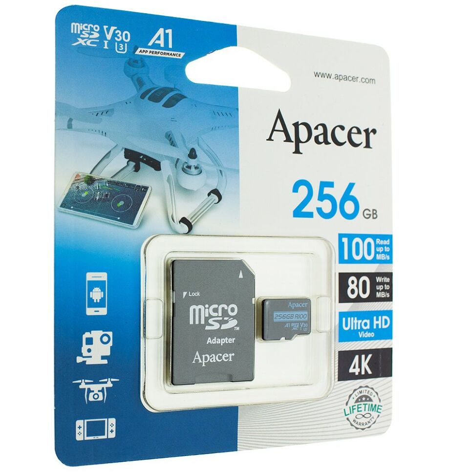Карта пам'яті micro 256Gb Apacer SDHC (UHS-1 U3) class 10 V30 (adapter SD) Карта пам'яті micro 256Gb Apacer SDHC (UHS-1 U3) class 10 V30 (adapter SD)