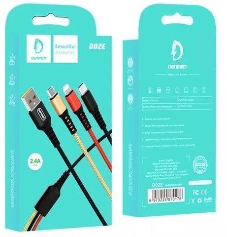 Кабель USB Denmen D02E 3В1 ТКАНИНОВА ОПЛЕТКА 2.4A USB - Lightning/Micro/Type-C Кабель USB Denmen D02E 3В1 ТКАНИНОВА ОПЛЕТКА 2.4A USB - Lightning/Micro/Type-C