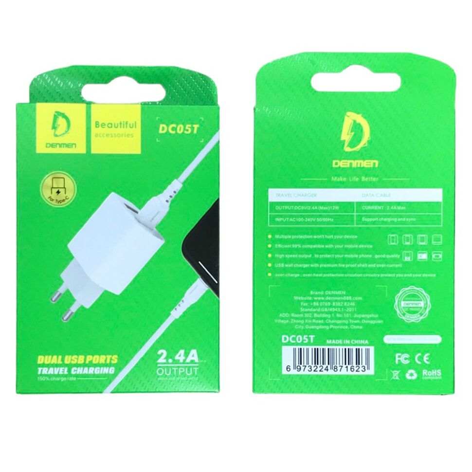 Мережевий зарядний пристрій DENMEN DC05T + CABLE USB Type-C 2.4A 2USB Мережевий зарядний пристрій DENMEN DC05T + CABLE USB Type-C 2.4A 2USB