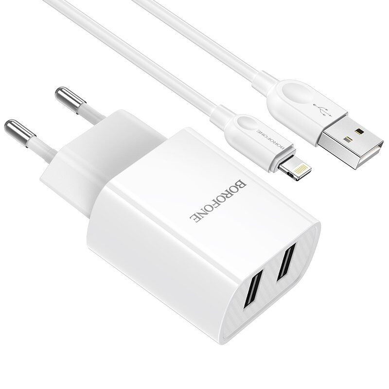 СЗУ Borofone BA53A (2USB/2,1A) + USB - Lightning (белый)