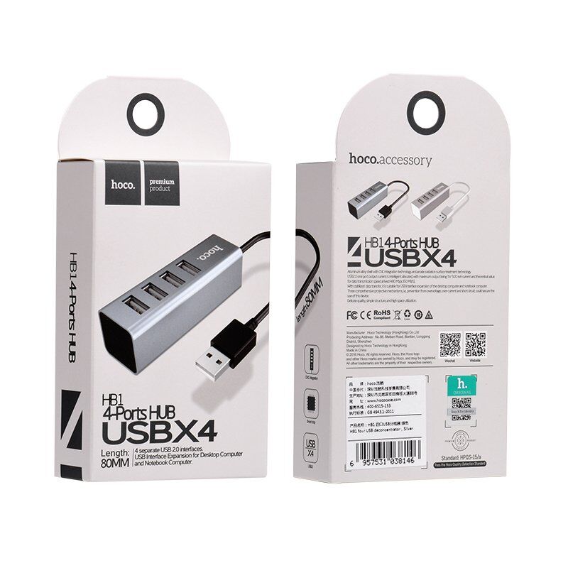 USB HUB HOCO HB1 4В1 Line machine, USB 2.0, 0.8 метри, сталевий USB HUB HOCO HB1 4В1 Line machine, USB 2.0, 0.8 метри, сталевий
