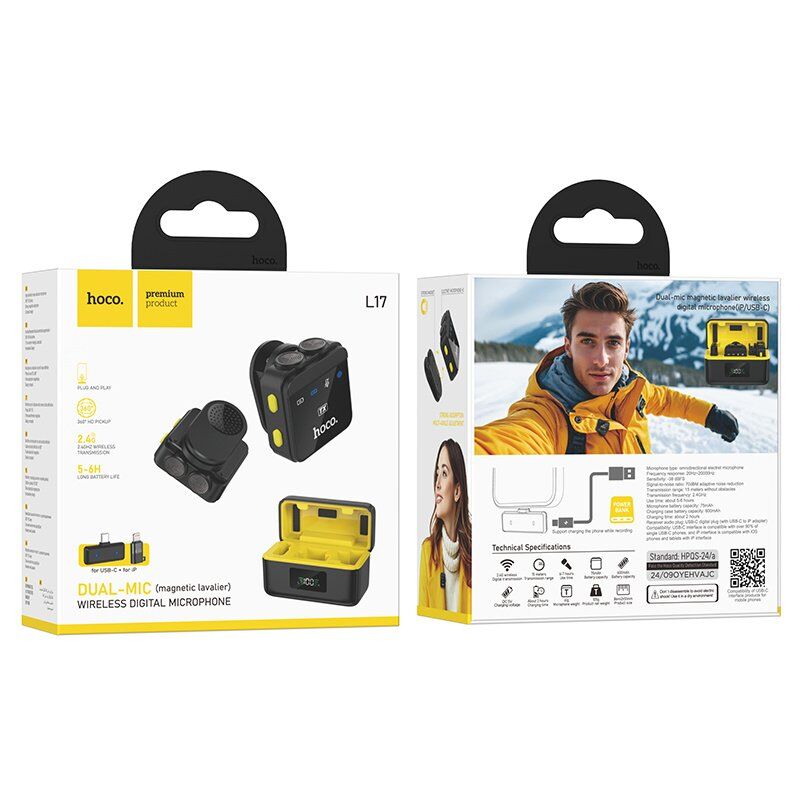 Бездротовий петличний мікрофон HOCO L17 Dual-mic magnetic lavalier Lightning / TYPE-C