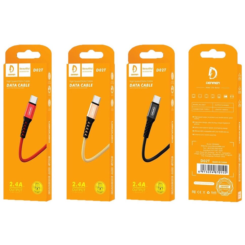 Кабель USB Denmen D02T USB - Type-C (2,4A) ТКАНИНОВА ОПЛЕТКА