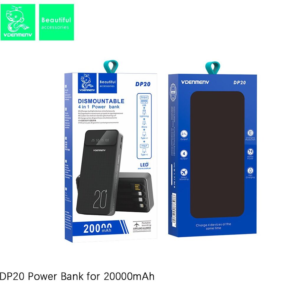 POWER BANK DENMEN DP20 20000mAh 2.1A LED power display Вбудовані кабелі POWER BANK DENMEN DP20 20000mAh 2.1A LED power display Вбудовані кабелі