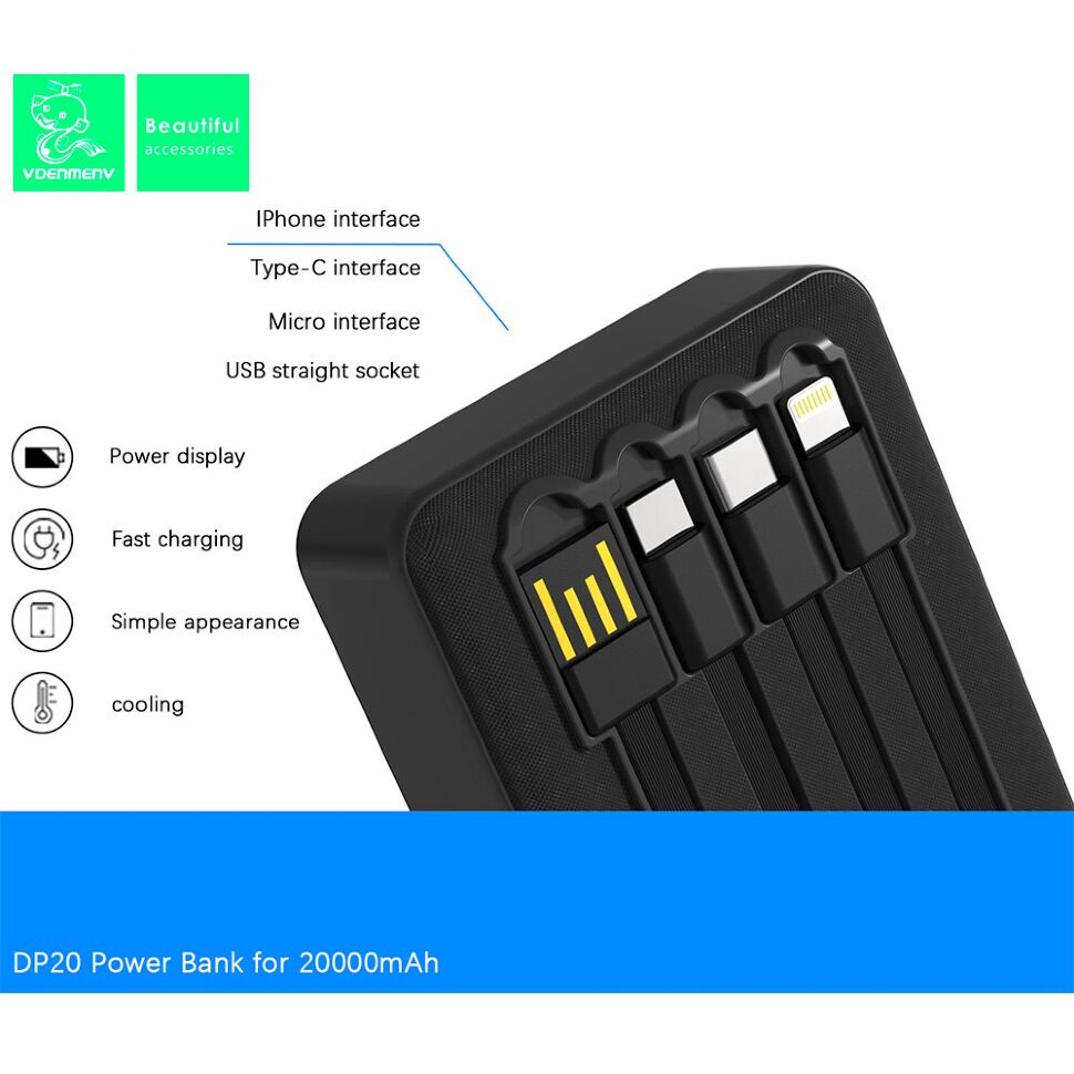 POWER BANK DENMEN DP20 20000mAh 2.1A LED power display Вбудовані кабелі POWER BANK DENMEN DP20 20000mAh 2.1A LED power display Вбудовані кабелі