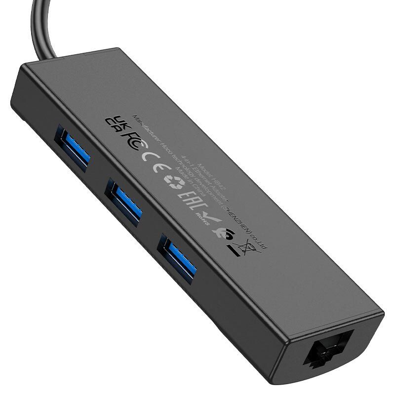 USB Конвертор HOCO HB42 4В1 HUB (USB 3.0 * 2шт. + RJ45 Ethernet), 1,20 метри, чорний USB Конвертор HOCO HB42 4В1 HUB (USB 3.0 * 2шт. + RJ45 Ethernet), 1,20 метри, чорний
