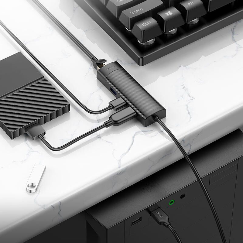 USB Конвертор HOCO HB42 4В1 HUB (USB 3.0 * 2шт. + RJ45 Ethernet), 1,20 метри, чорний USB Конвертор HOCO HB42 4В1 HUB (USB 3.0 * 2шт. + RJ45 Ethernet), 1,20 метри, чорний