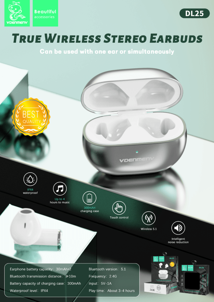 Бездротові навушники DENMEN DL25, чорний Бездротові навушники DENMEN DL25, чорний