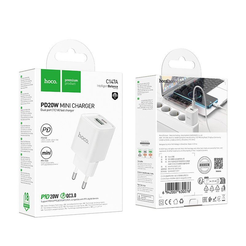 Мережевий зарядний пристрій HOCO C147A TYPE-C PD 20W + USB QC3.0, БІЛИЙ Мережевий зарядний пристрій HOCO C147A TYPE-C PD 20W + USB QC3.0, БІЛИЙ