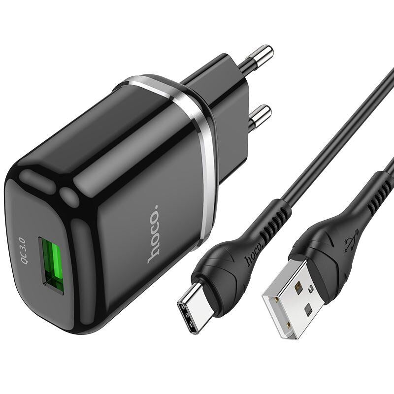 Мережевий зарядний пристрій HOCO N3 USB QC 3.0 + КАБЕЛЬ USB - Type-C ЧОРНИЙ